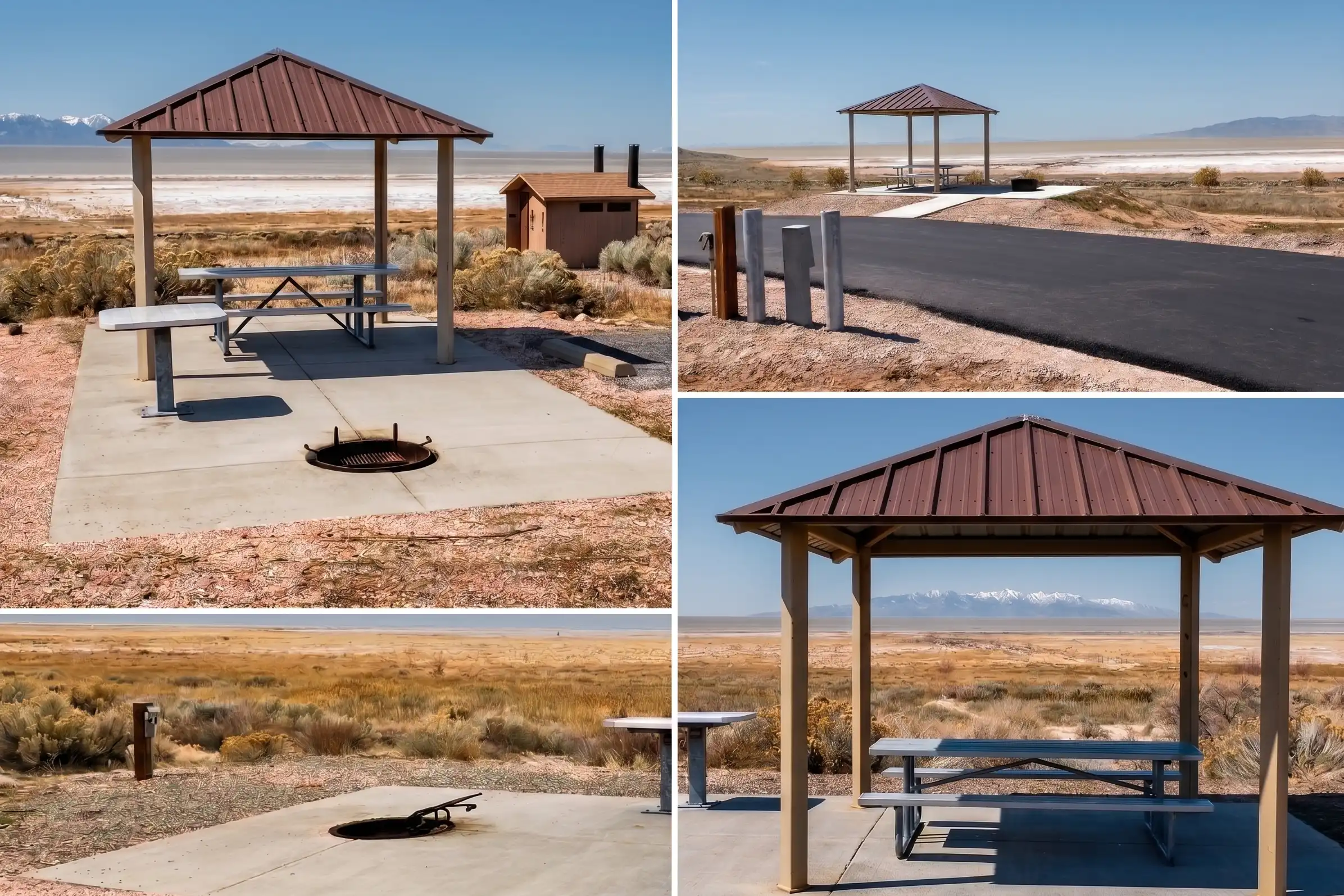 Desert picnic area with shelters, tables, fire pits, and mountain views in the background.