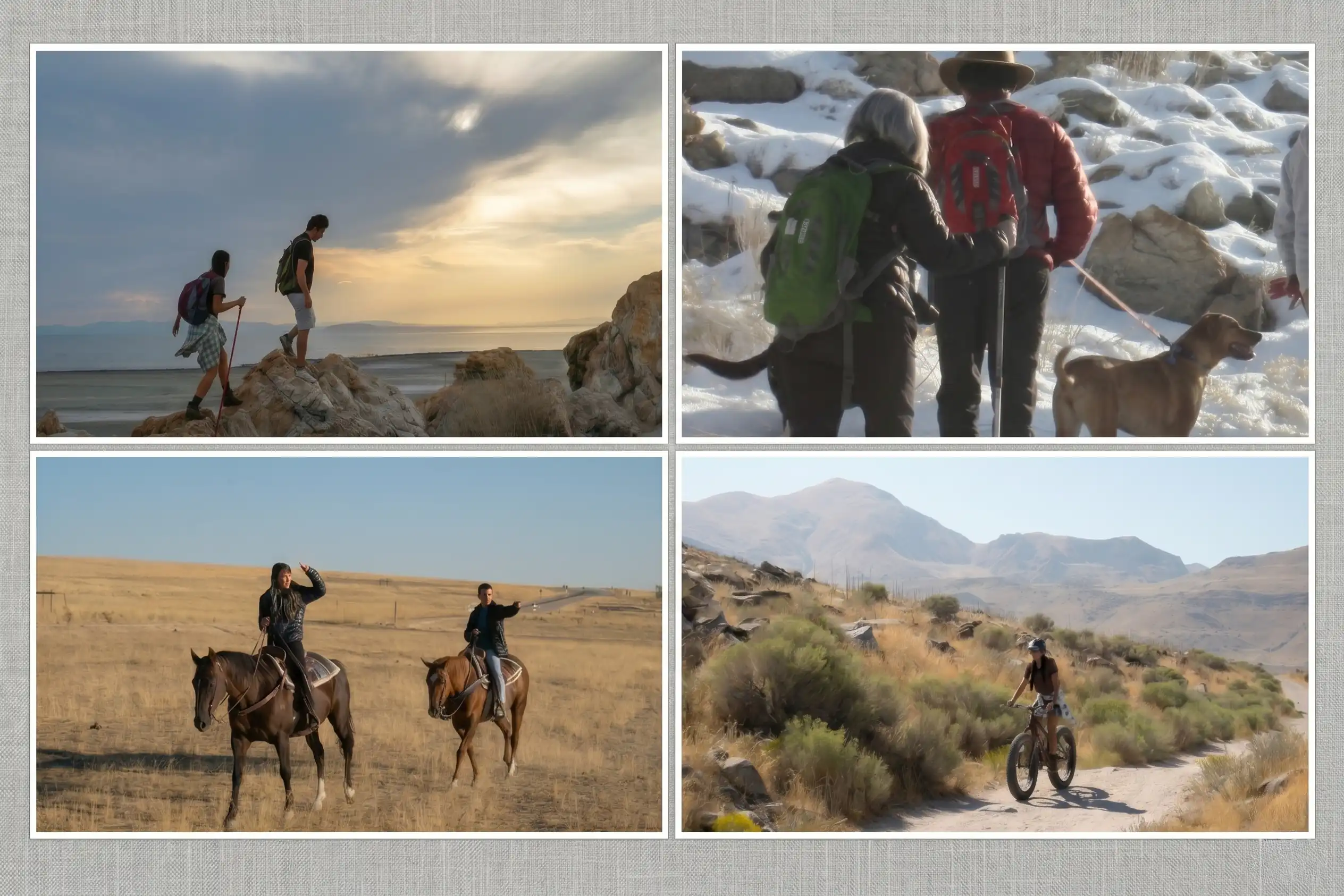 People hiking, biking and riding horses through the park