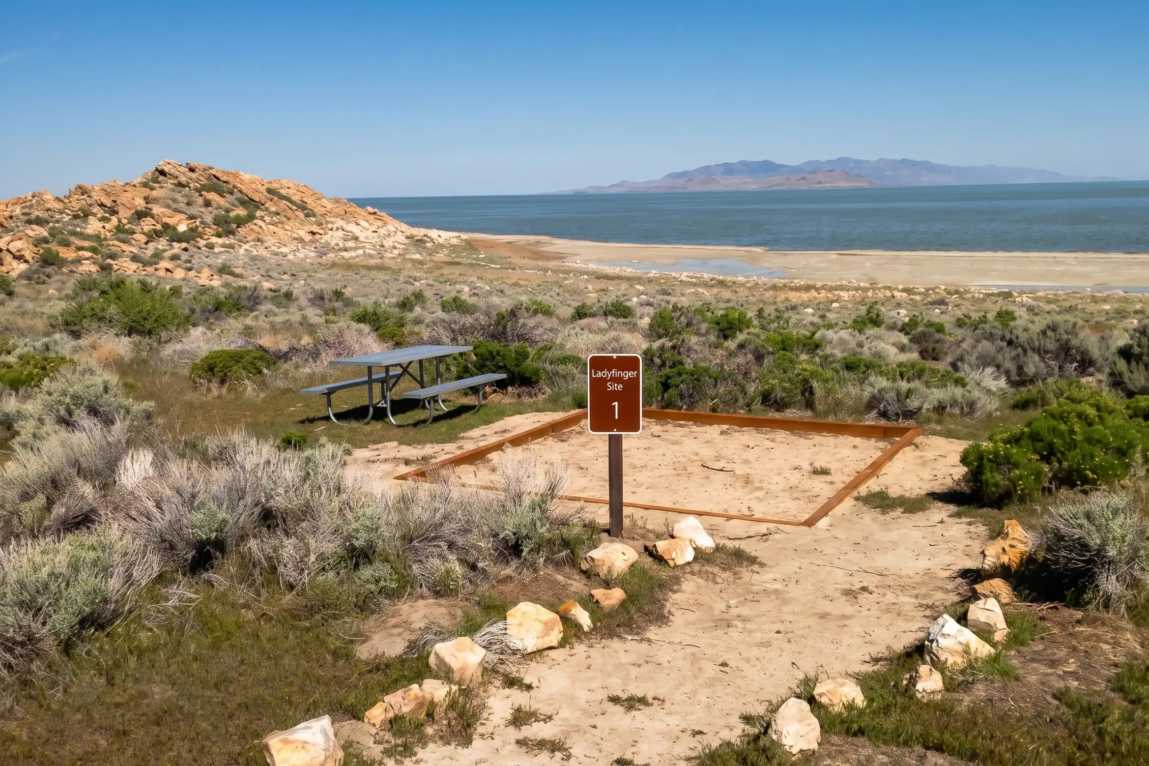 Campsite with a picnic table by a lake, rocky hill, and mountains in the background.