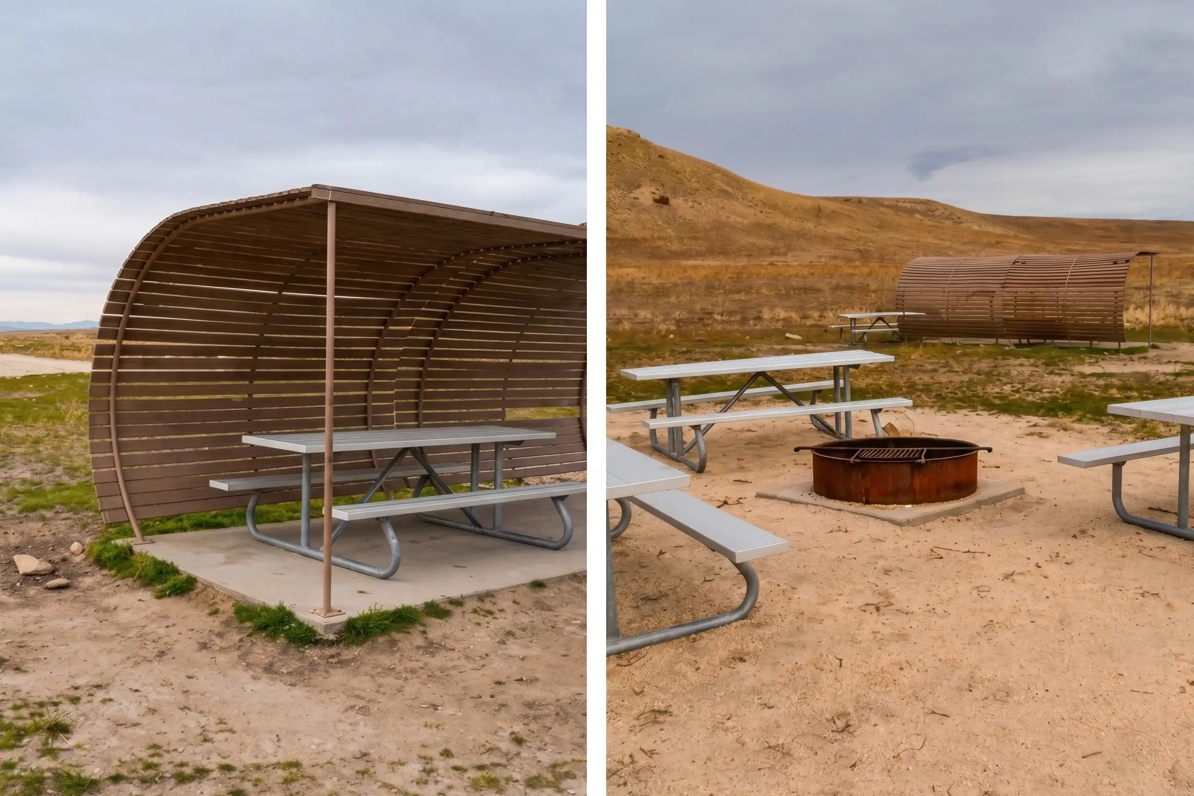Two picnic tables under curved shelters on dry, grassy land with a fire ring nearby.