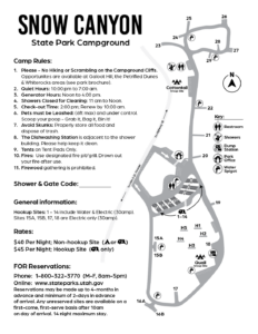 Map of Snow Canyon State Park Campground with campsite locations and rules, icons, and contact info described in on the webpage.