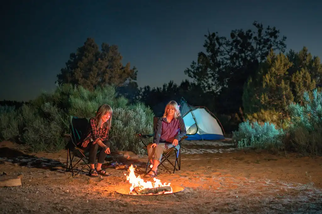 Two people sit by a campfire near a tent at night, surrounded by trees and bushes.