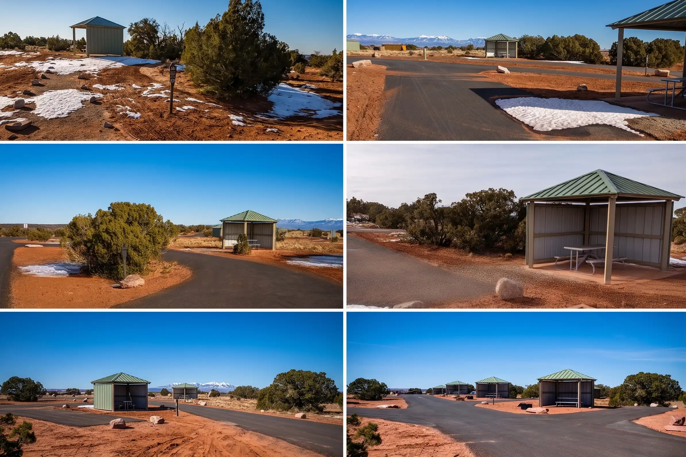 views of various options of campsites and pavilions at Wingate Campground