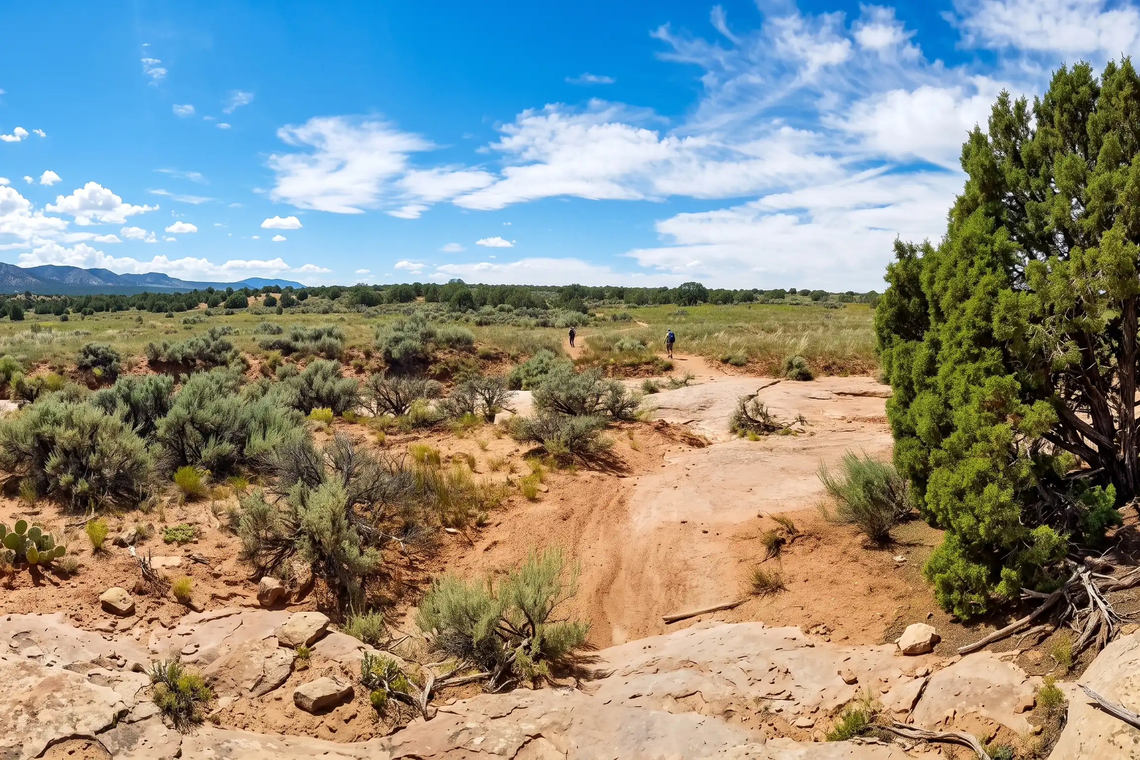 Desert landscape with shrubs, rocks, and two people walking under a blue sky with clouds.