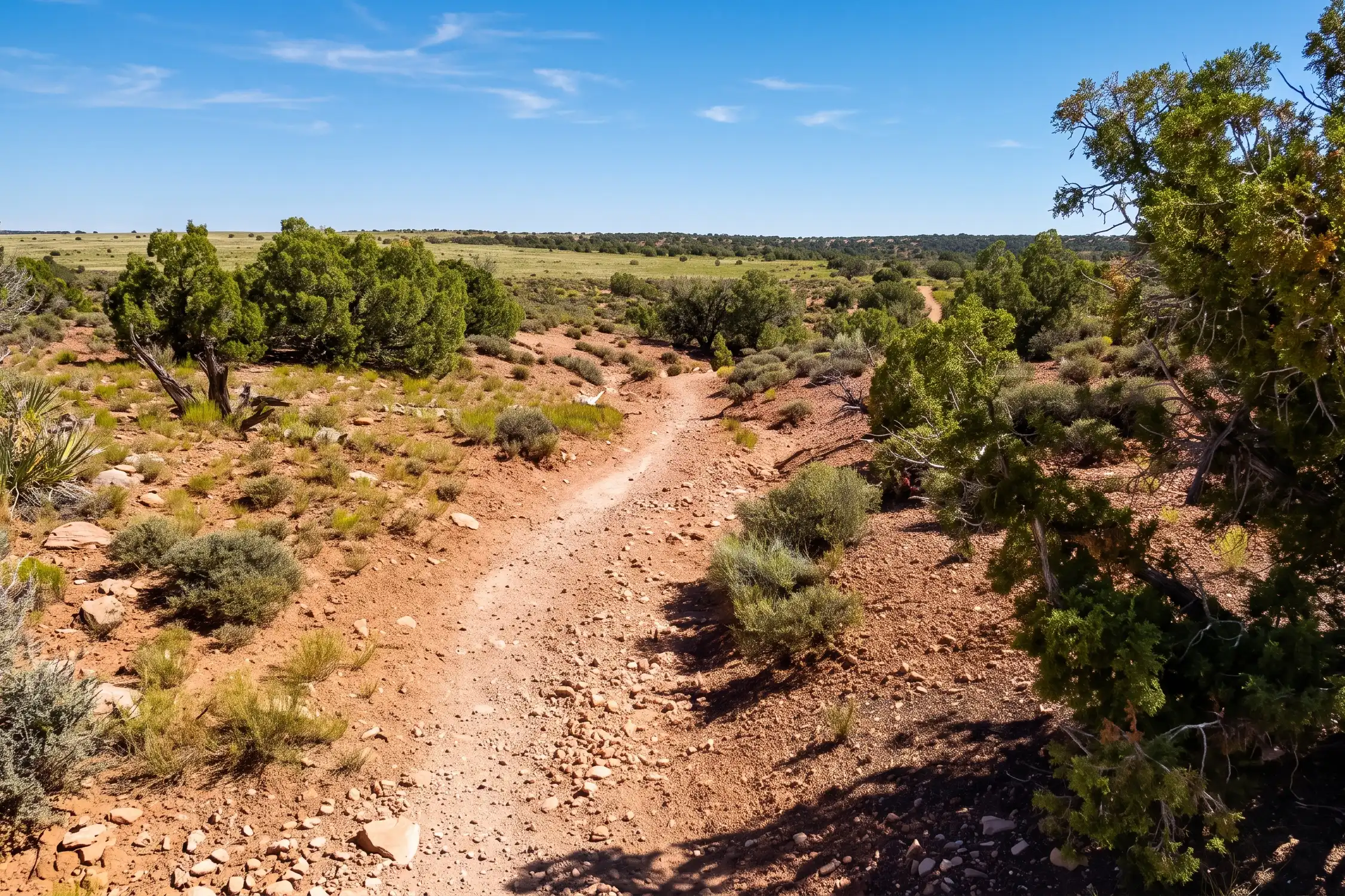 Rocky dirt trail through desert shrubs and trees under a blue sky.