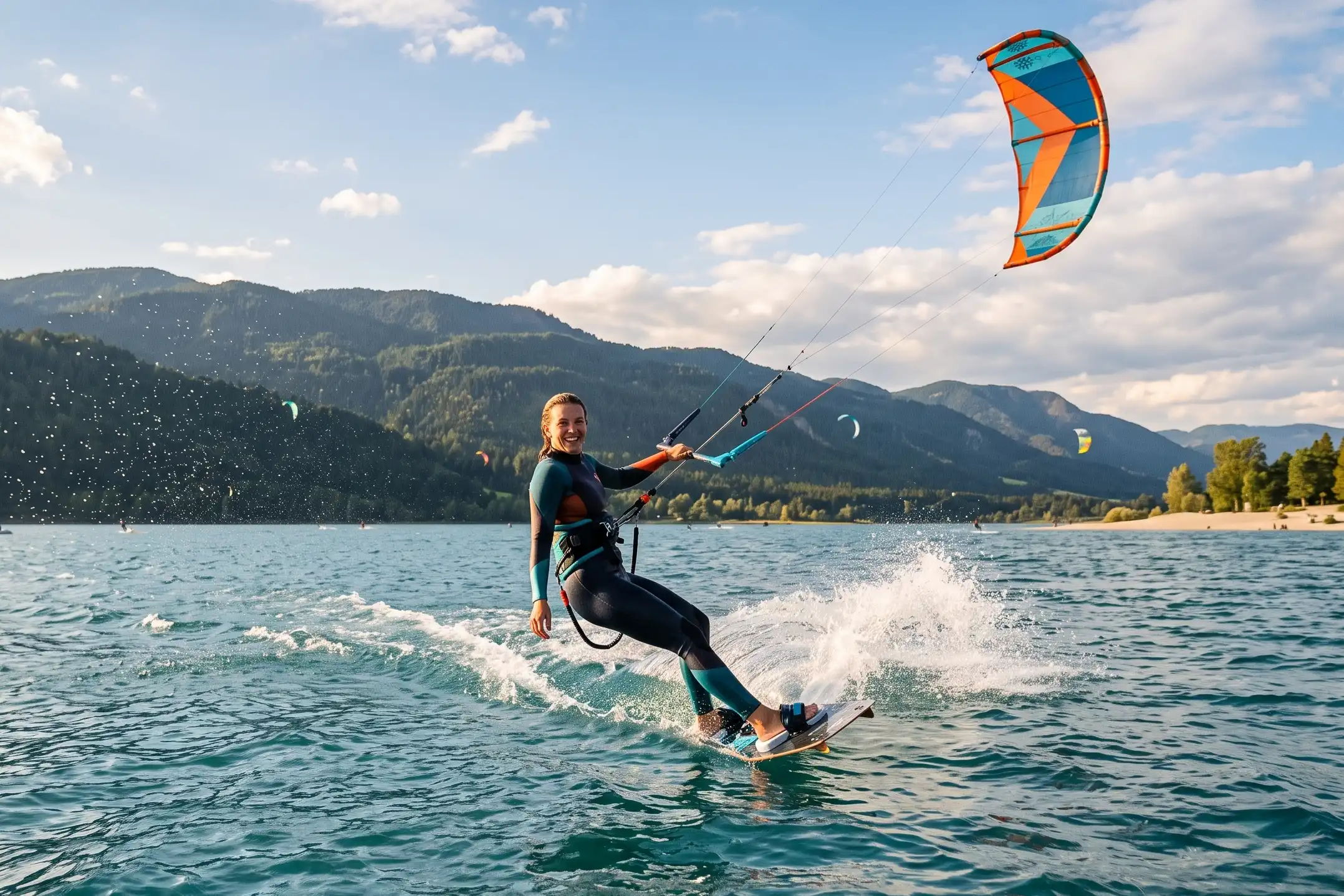 Woman kiteboarding on a lake with mountains and trees in the background, smiling at the camera.