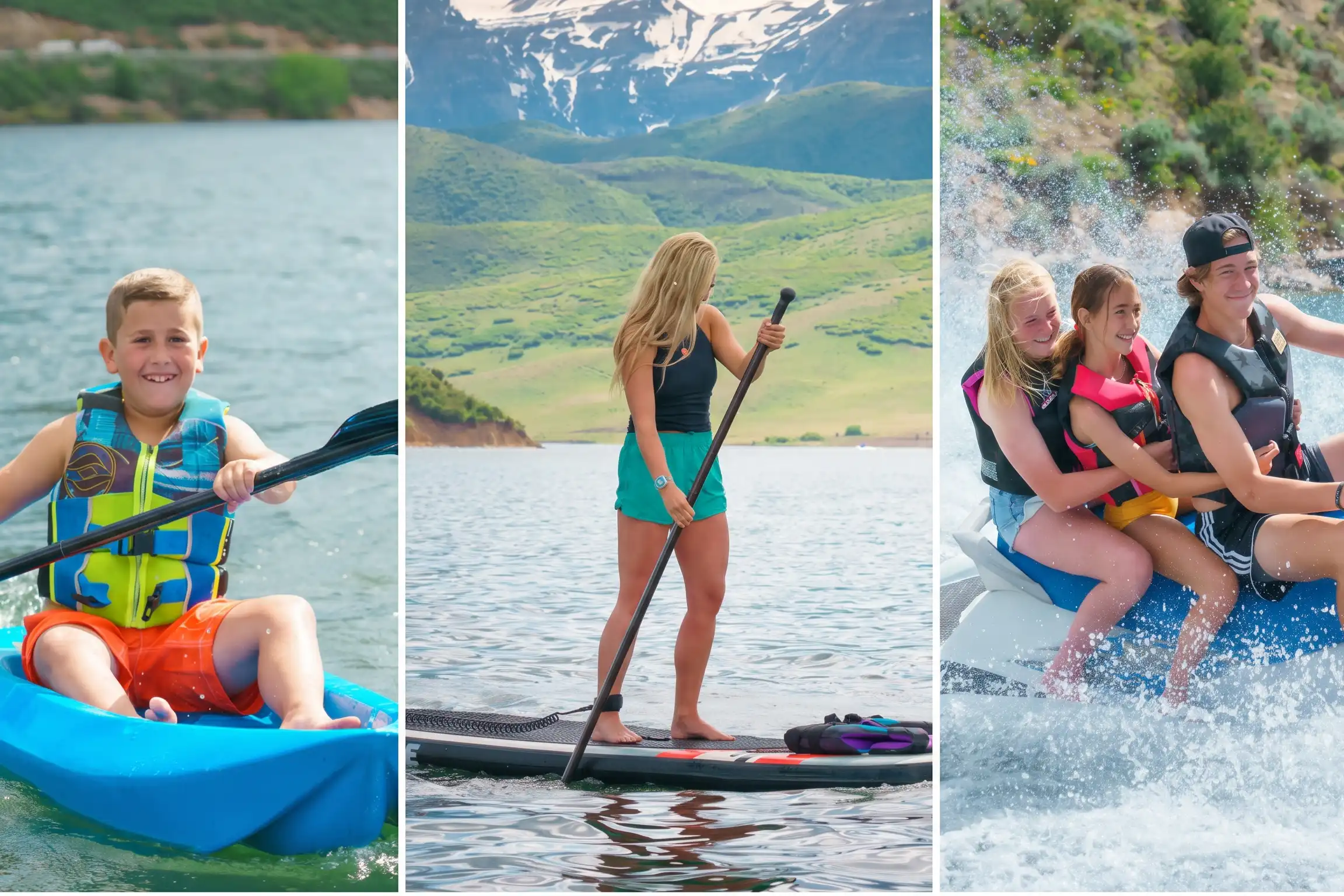 Boy kayaks, woman paddleboards, and three teens ride a jet ski on a lake; all outdoors.