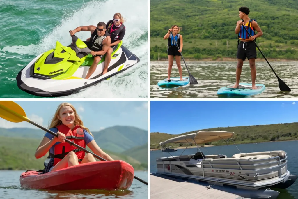 Four images: jet skiing, paddleboarding, kayaking, and a pontoon boat by a dock.