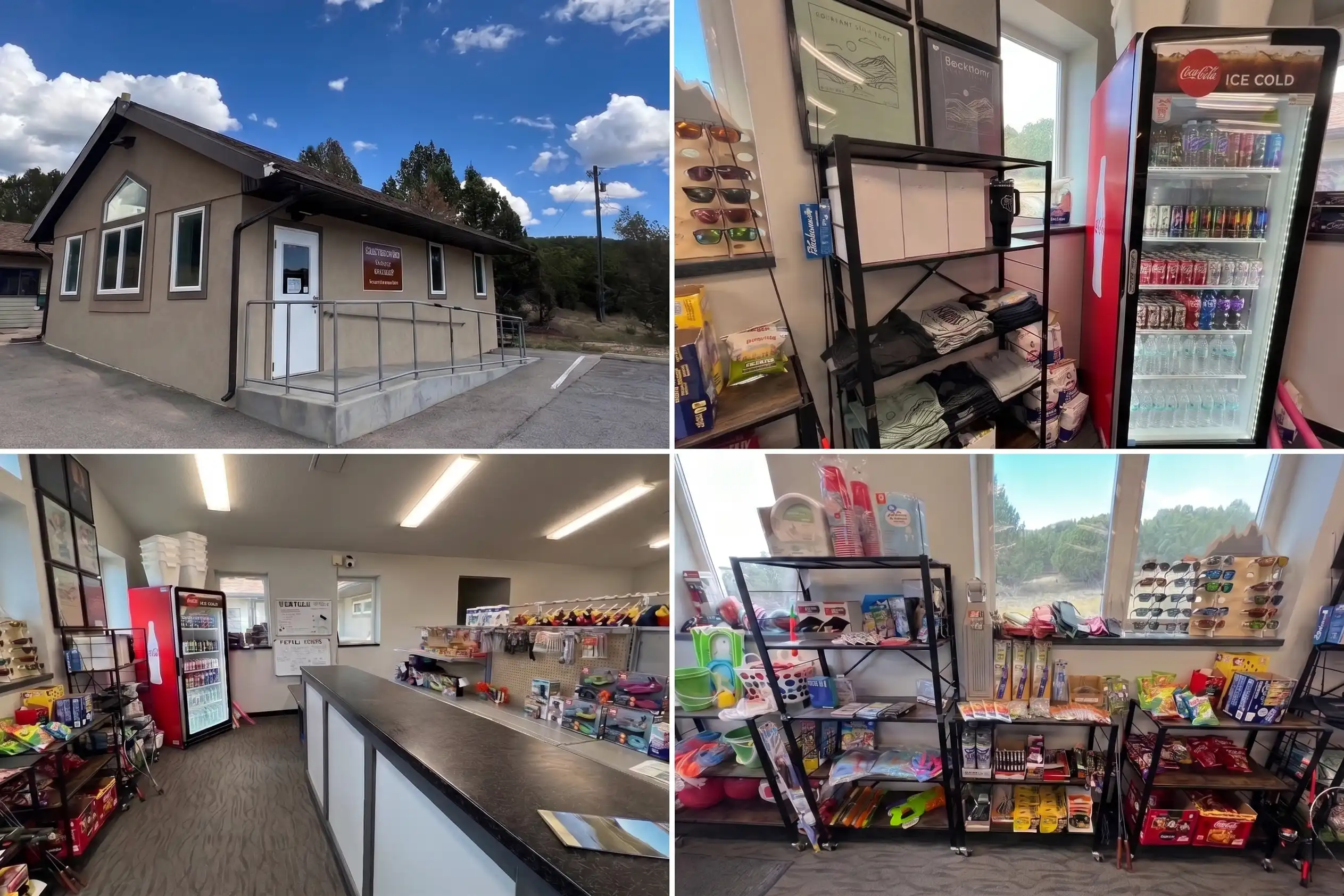 Small convenience store exterior and interior showing drinks, snacks, and other items for sale.