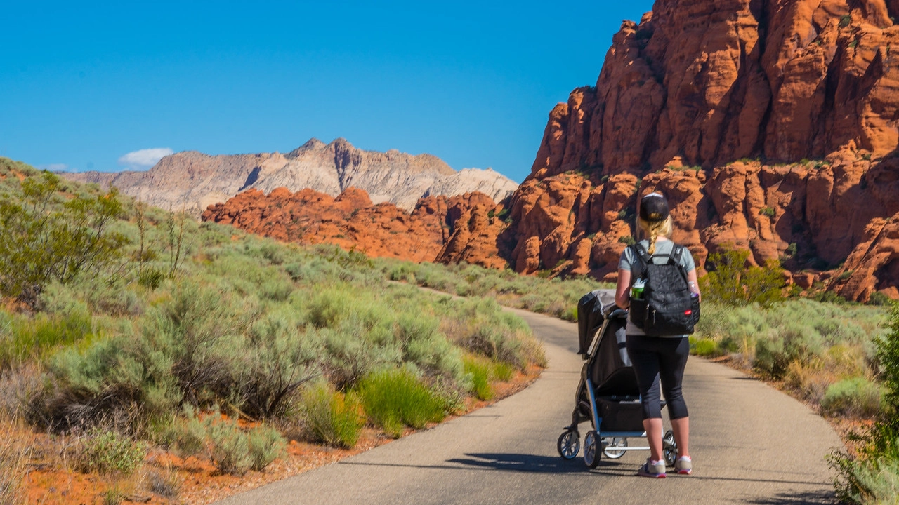 Person with stroller walks on path through desert landscape with red rock formations.