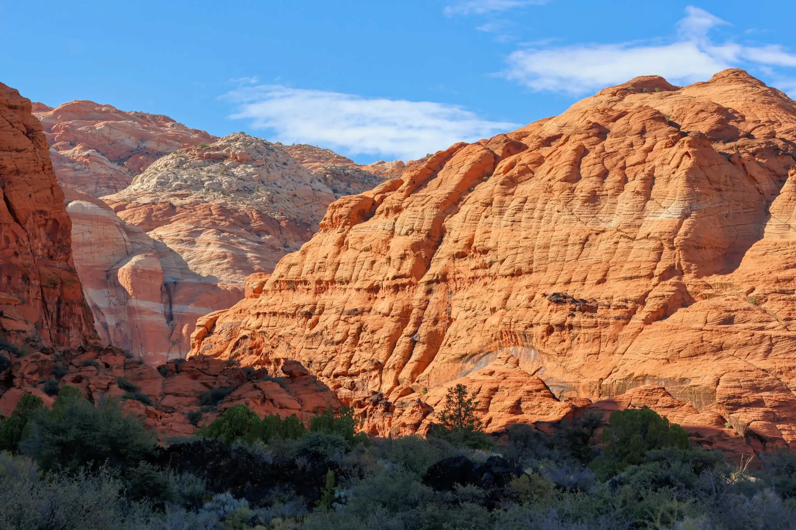 Red sandstone cliffs with blue sky and scattered clouds above desert vegetation.