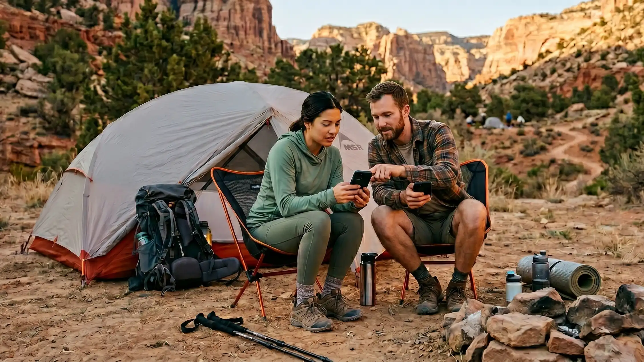 A couple at their campsite making a reservation