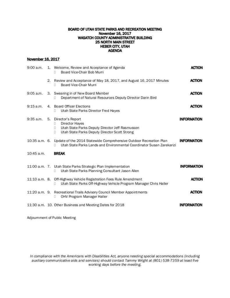 Public Notice Utah State Parks and Recreation Board Meeting 11/16/17 Utah State Parks