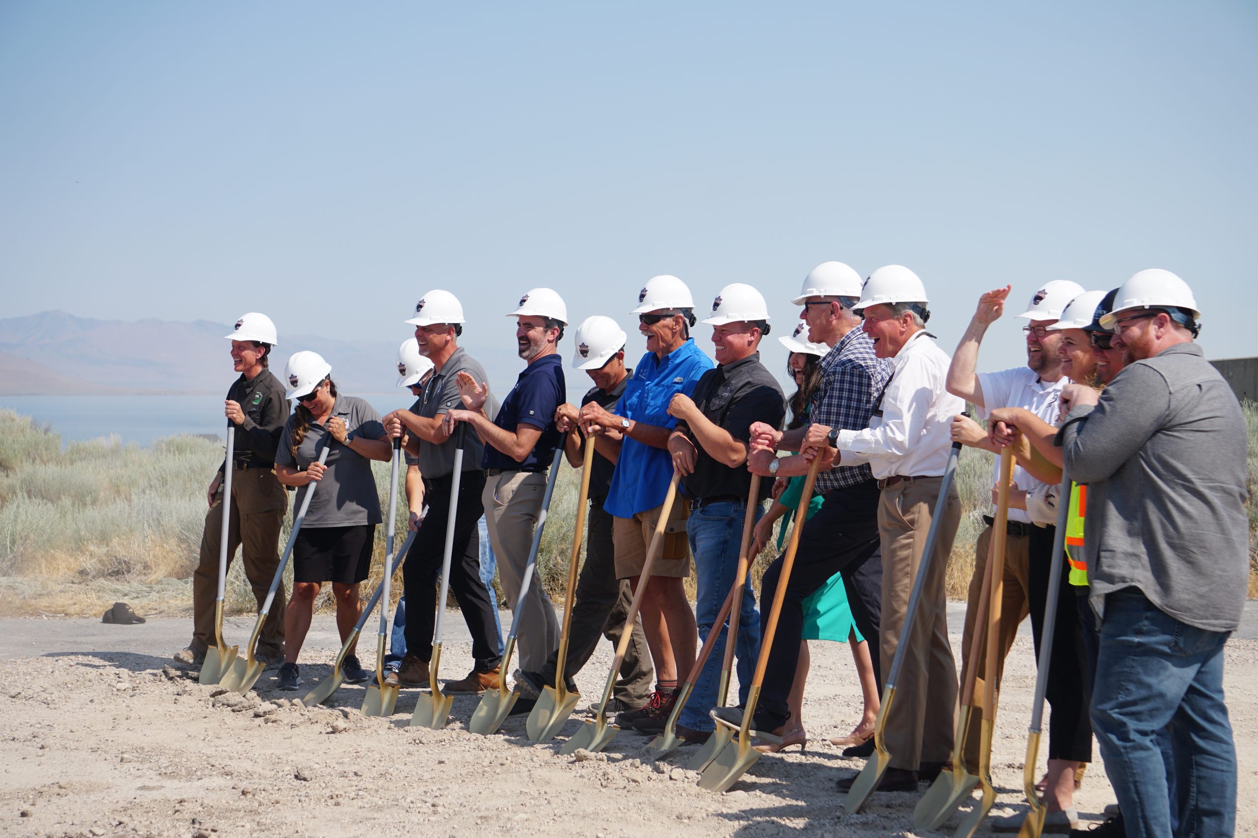 Officials pose with shovels at the Antelope Island State Park groundbreaking ceremony