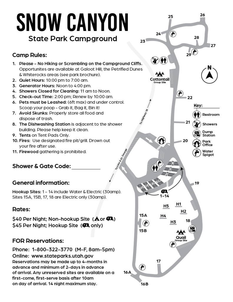 Map and rules of Snow Canyon State Park's Campground.