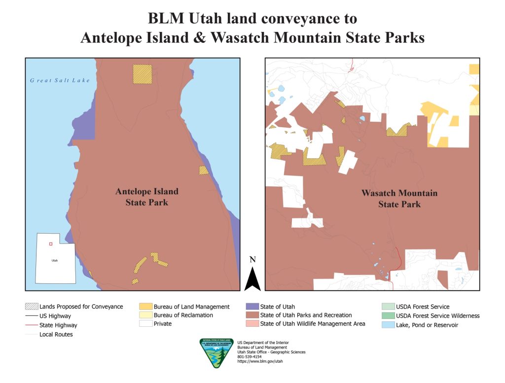 Two maps zoomed in to two park, Antelope Island State Park and Wasatch Mountain State Park. The parks are highlighted in red, the lands being conveyed from BLM to Utah State Parks are in yellow and black striped.