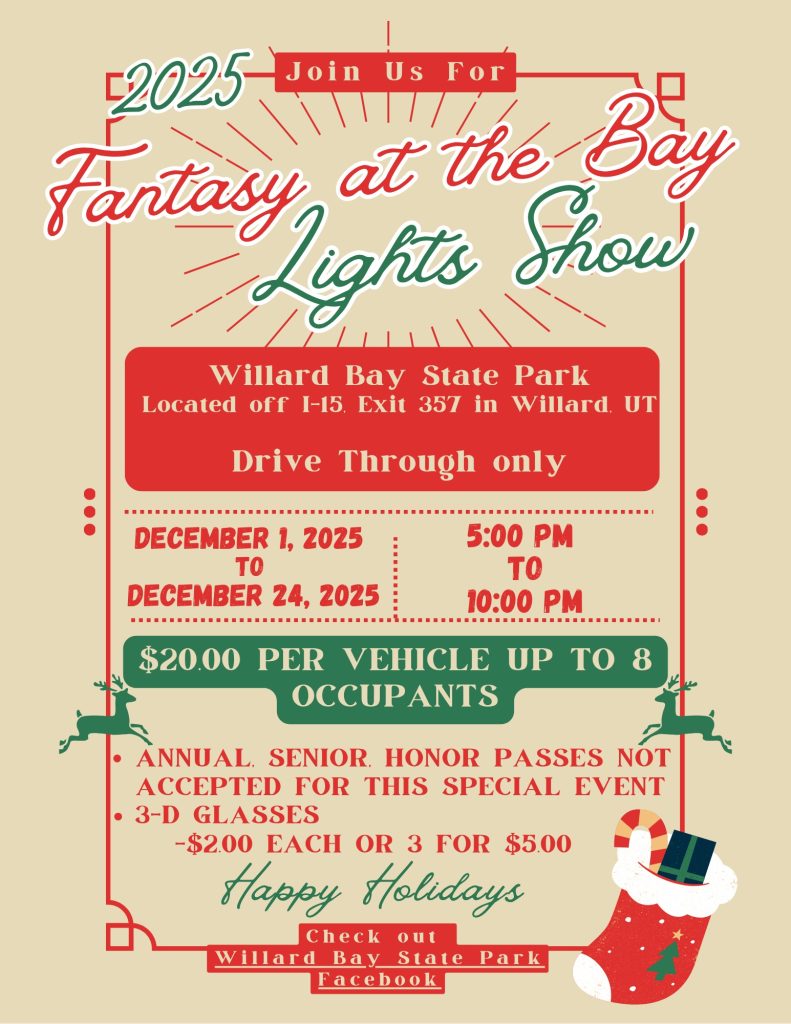 Flyer for "The Fantasy at the Bay Lights Show" in red and green text