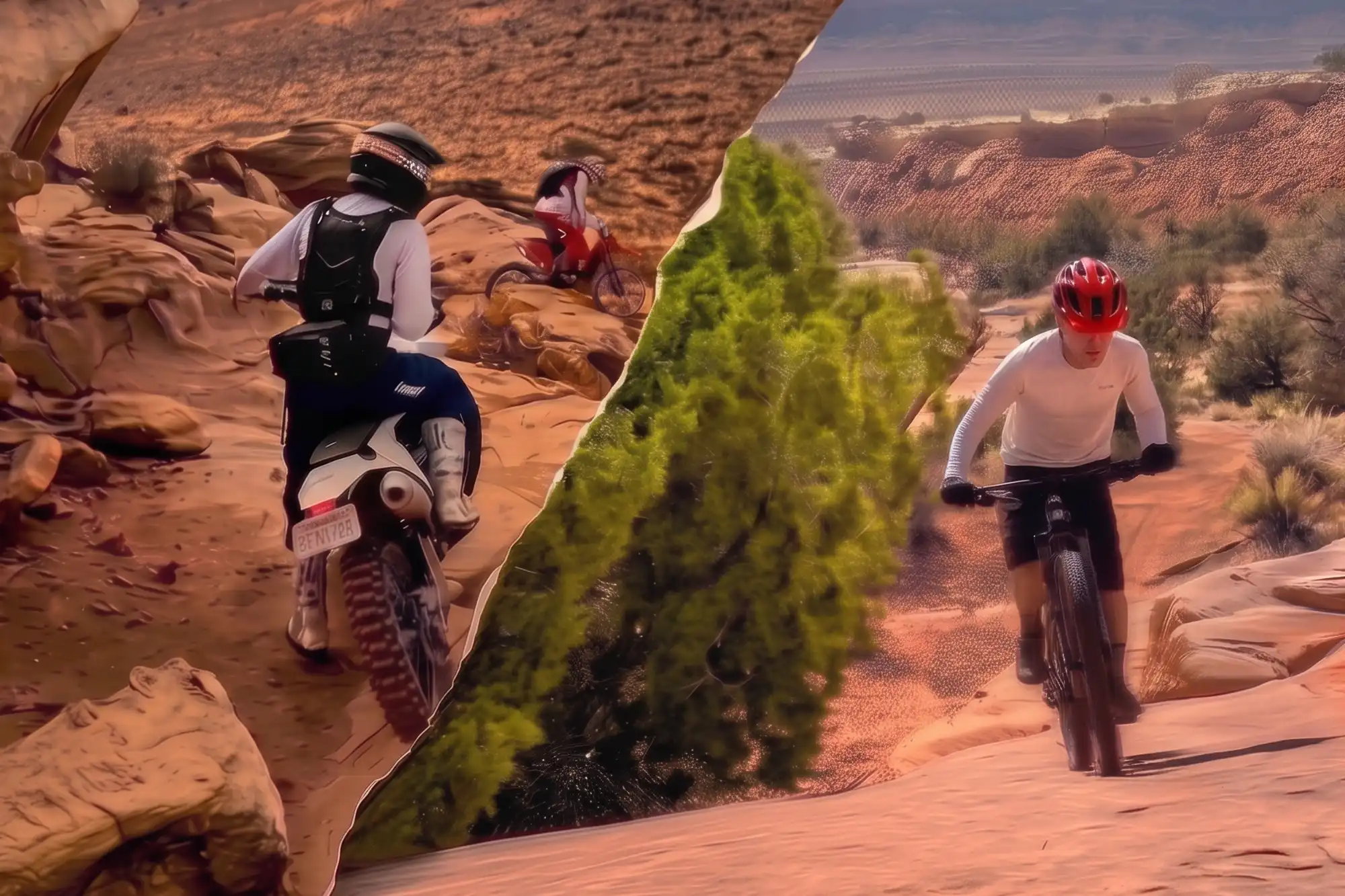 A motorcyclist and mountain biker on the Sovereign Trail, Moab, UT